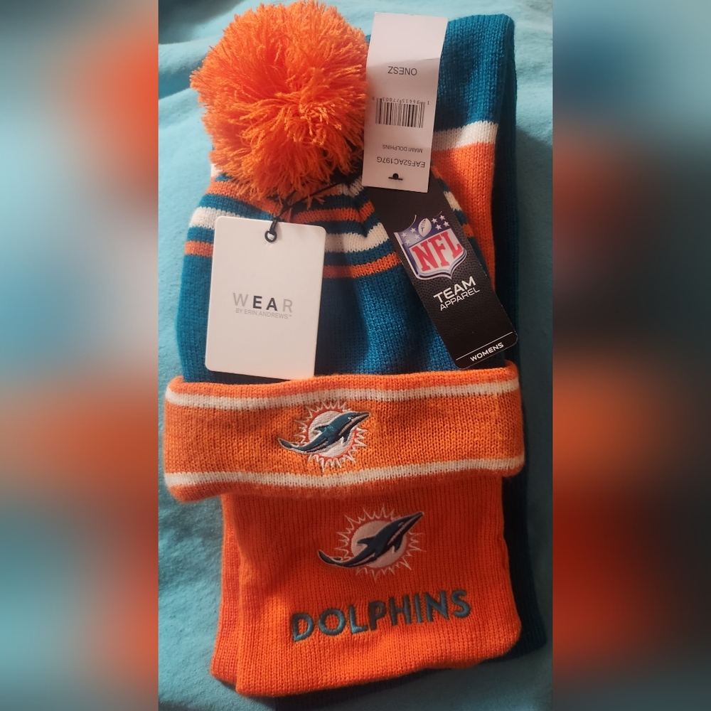 Miami Dolphins Orange and Blue Scarf and Beanie Set